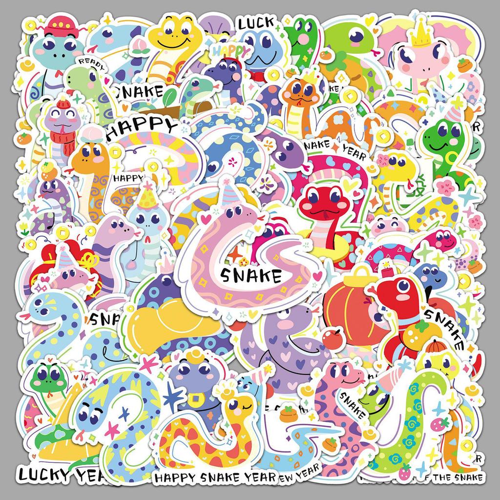 Original New Year Snake Graffiti Stickers - 50 Hand-Painted Cartoon Designs for Creative Decoration on Phone Cases and Water Bottles.