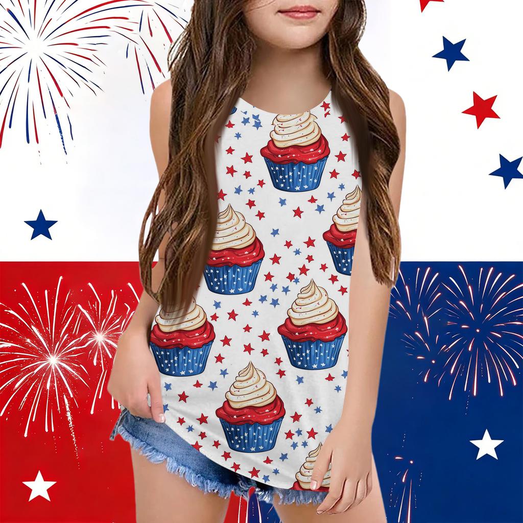 Girls  Kids Summer Crewneck Sleeveless Shirts Tank Tops Independence Day