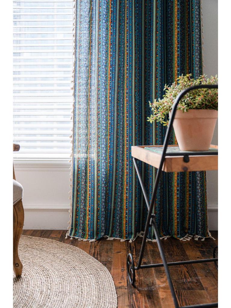 Yiman Qiyun Bohemian Striped Yellow Cotton-Linen Kitchen Curtain, Semi-Light-Blocking