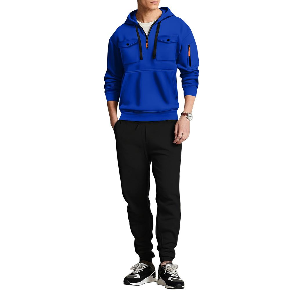 Men Multi Pocket Casual Zipper Pullover Hoodie Set