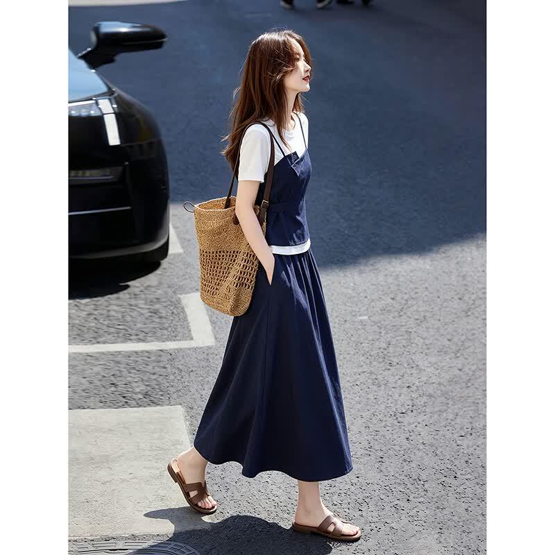 Spliced Fake Two-Piece T-shirt & A-line Skirt Set