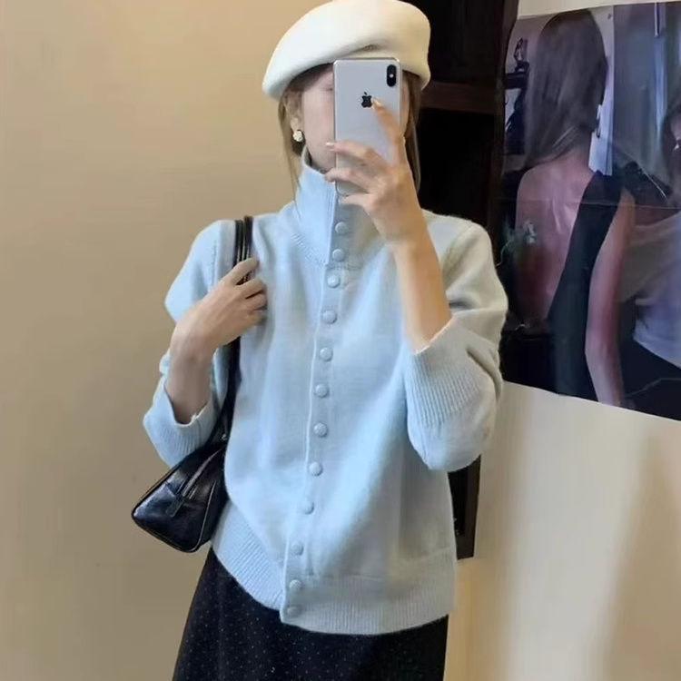 

Корейский свитер-пальто с высоким воротником и застежкой-пряжкой в ленивом стиле для женщин: Повседневный, свободный, приталенный вязаный кардиган для осени и зимы M синий