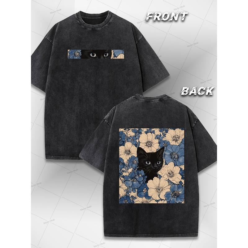 Black Cat Floral Pattern Fun Print Retro Washed Pure T-Shirt Style American Street Style Suitable for Men (Heavy-Duty Pure Washed) S
