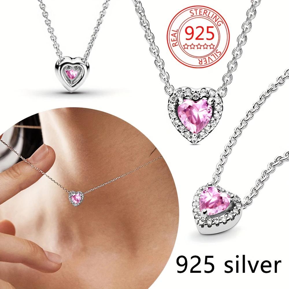 925 Silver Heart-Shaped Shiny Zircon Elevated Red&Pink&Blue&White Heart Necklace Lover's Gift Fine Jewelry for Women