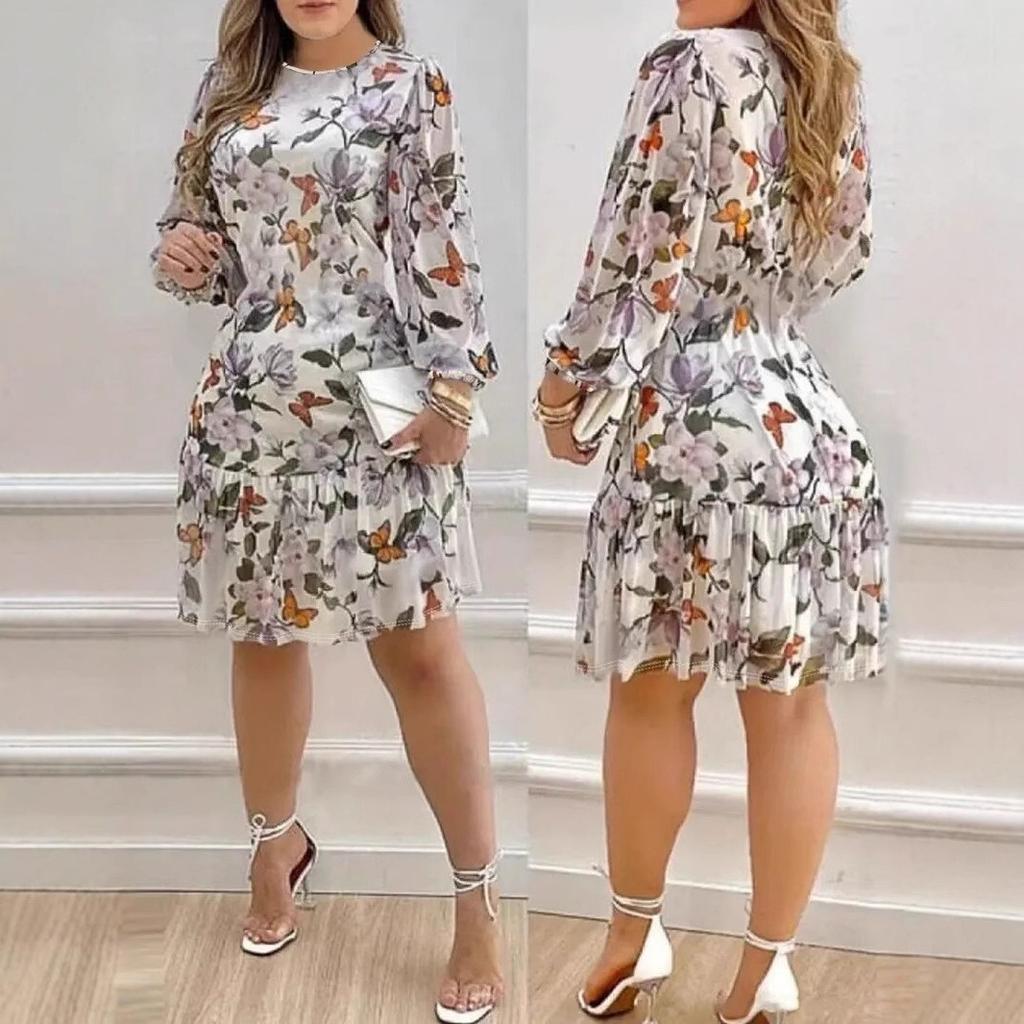 women's Floral Print Round Neck Puff Long Sleeve Ruffle Hem Bodycon Mini Dress