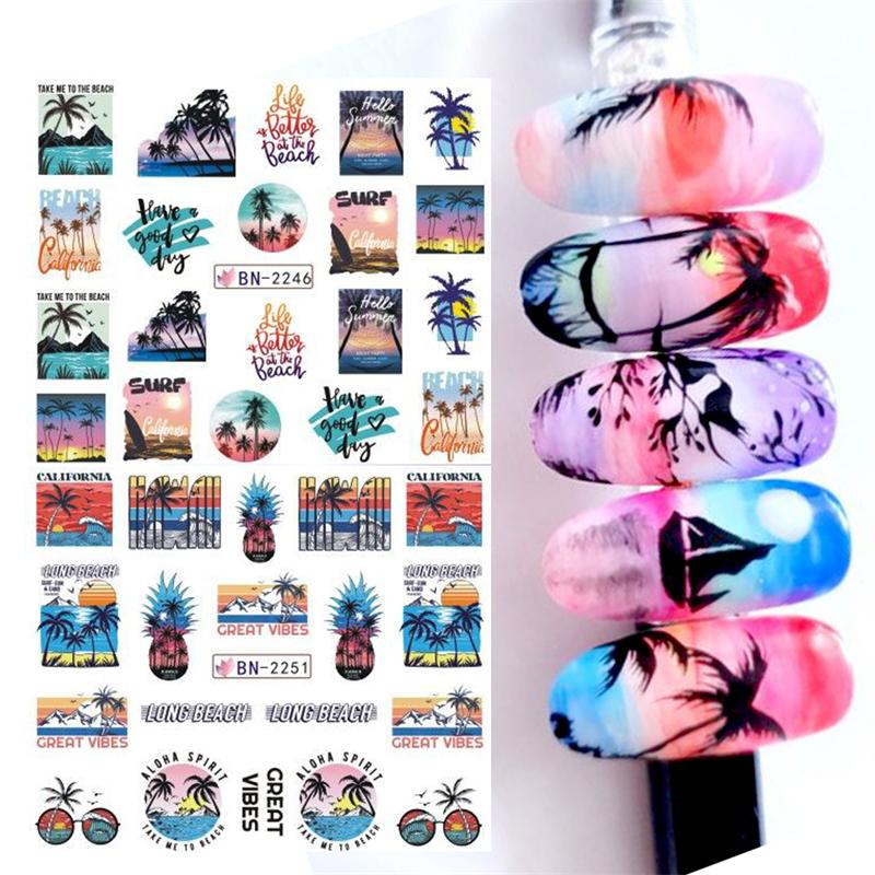 Summer 3D Nail Art Decal Coconut Tree Sunset Pattern Fashion Nail Art Decor Stickers