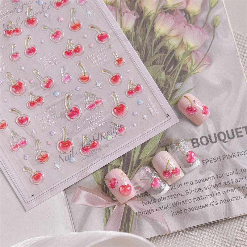 Süßer Gelee Rote Kirsche Nagelkunst Aufkleber Prägung Mädchen Frauen Selbstklebend Nagelaufkleber Neujahr Weihnachten Maniküre Abziehbilder Geschenk