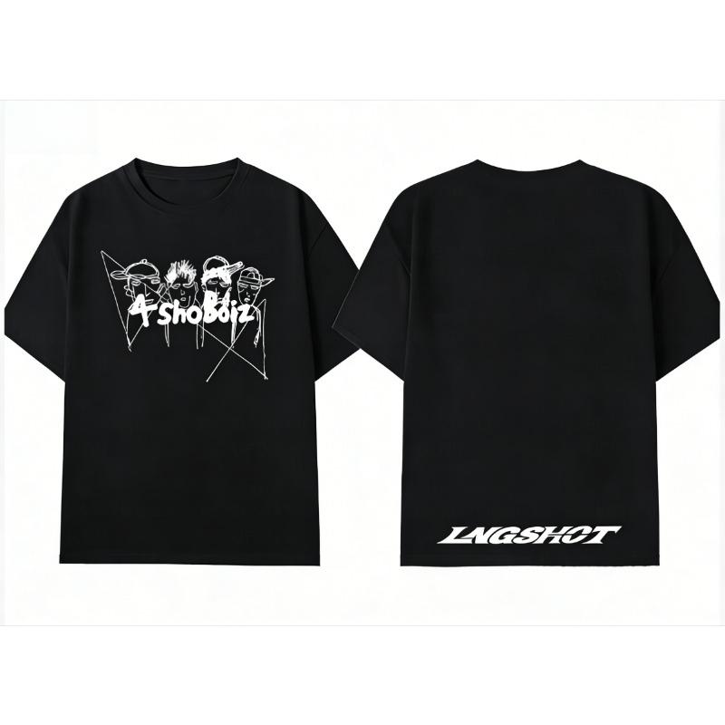 Vintage 4shoboiz Group Sketch Print T-Shirt LNGSHOT Letter Back Print Oversized Hip Hop Tshirt Men Y2K Streetwear Short Sleeve