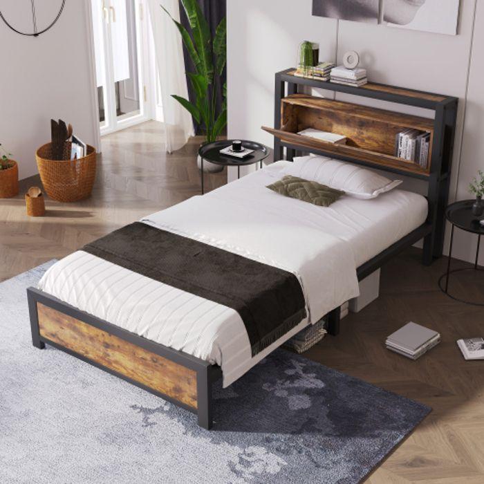 Metal Bed - MUVOE - 90 X 200 Cm - Headboard with Storage - Industrial Design - Capacity 120KG