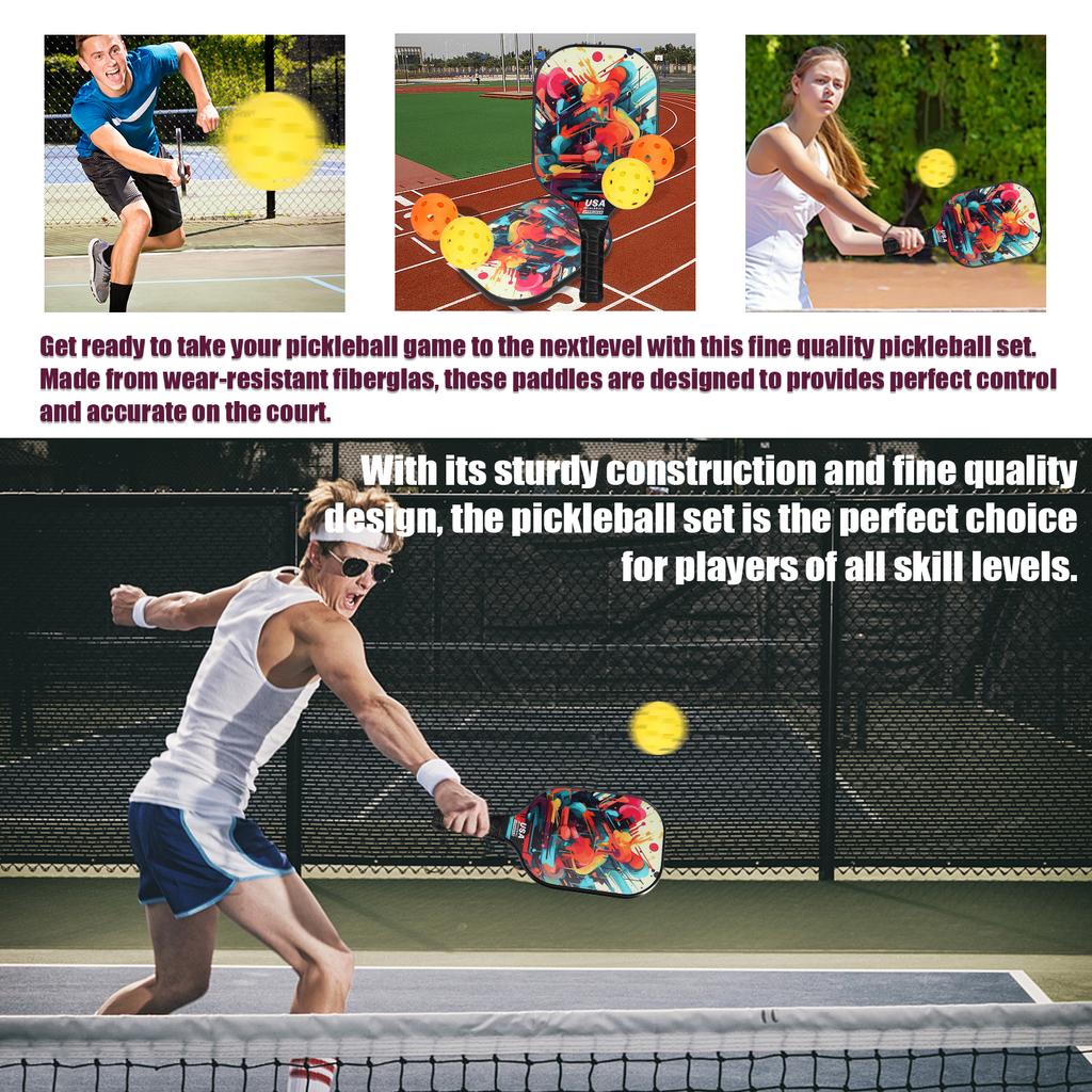 Fiberglas Pickleball Rackets Set Pickleball Paddle Set of 2 Rackets and 4 Pickleballs Balls Pickle-Ball Racquet with Balls Sport