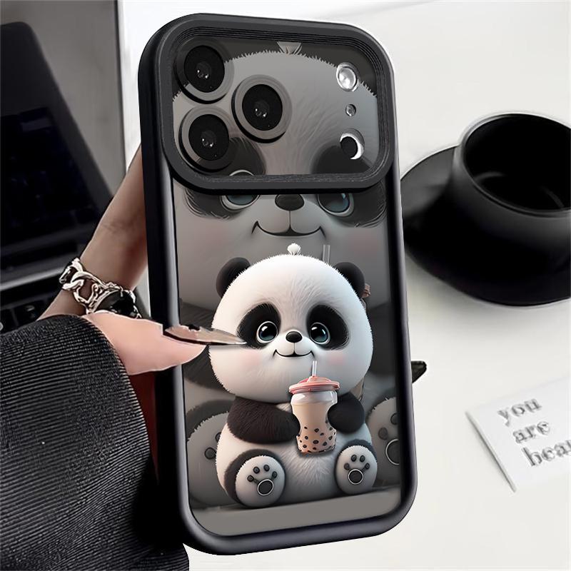Milk tea-drinking Panda Pattern Case For iPhone 17 Pro Max Funda Shockproof Bumper Cover For iPhone 16 Pro Max 15 14 13 12 11 Air 16E