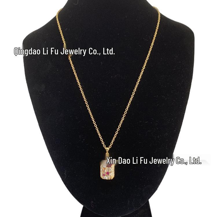 European American Classic Rectangle Dog Tag Necklace with Micro-Inlaid Zircon Colored Diamonds, Copper-Plated In Real Gold, INS Style for Women