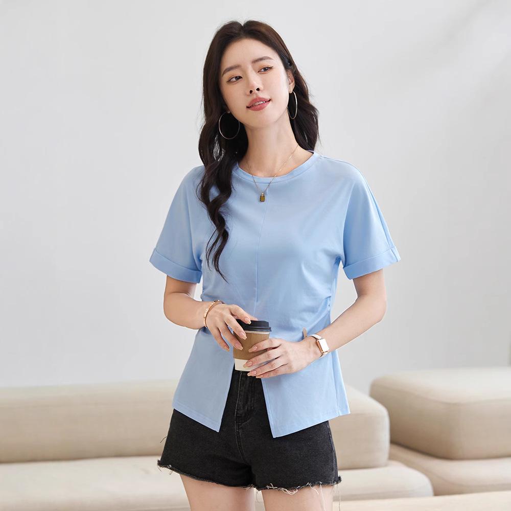 1980s Inspired Mercerized Cotton Crop Top with Rolled Sleeves and Slit Design