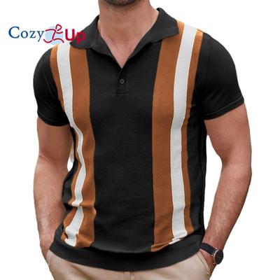 Cozy Up Herren Strick-Poloshirts Kurzarm Vintage Streifenhemden Retro Poloshirt
