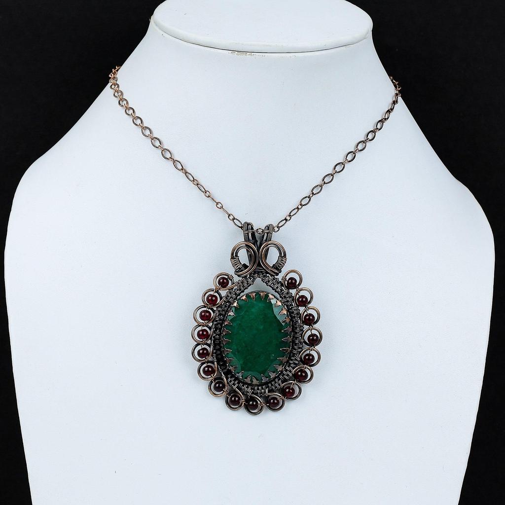 Lab-Created Emerald Gemstone Pure Copper Wire Wrapped Handmade Pendant Jewelry