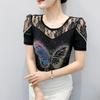 Summer New Sexy Off Shoulder Lace T-Shirt Women's Shiny Butterfly Hot Diamonds Designer Tops Elegant Slim Female Tees