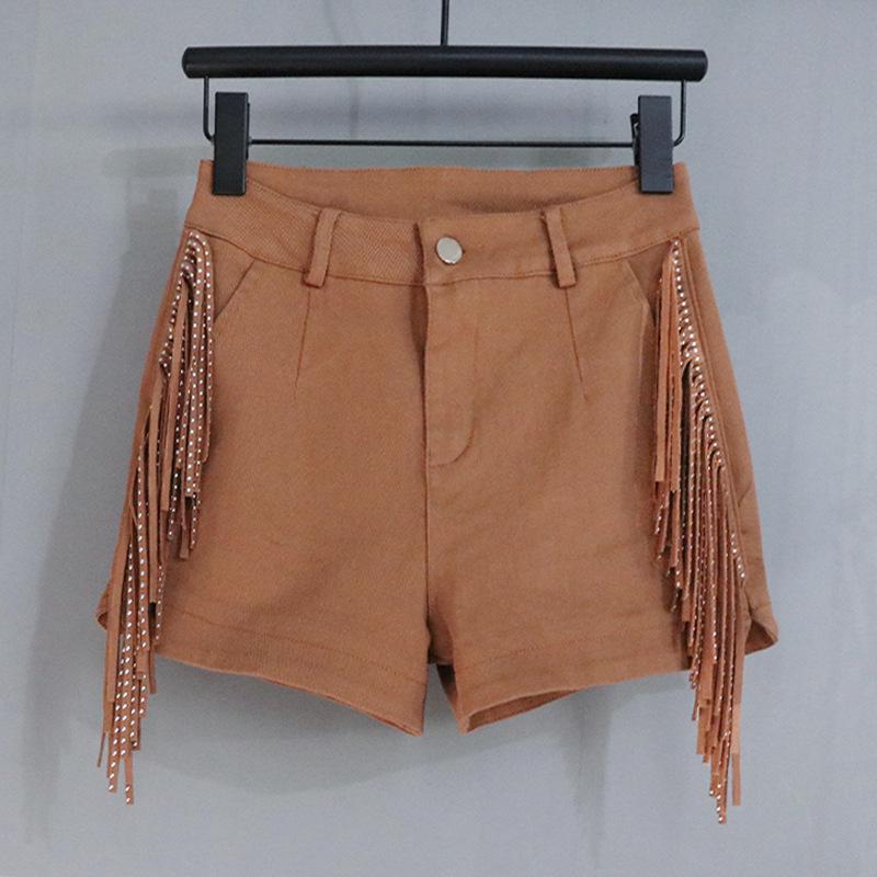 

Diamond Inlaid Candy Color Tassel Shorts - Korean Style Fashionable Mid-Waist Denim Hot Pants for Women L [105-115 lbs]