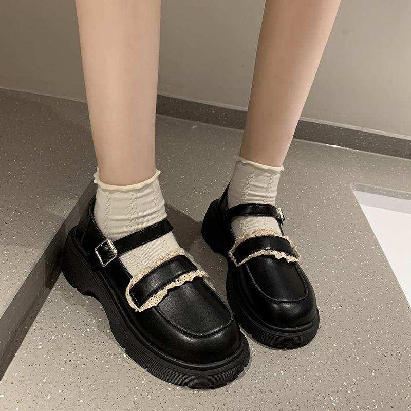 Mary Jane Sko Damesko Nye Japanske Rund Tå Pu Lær Jk Sko Retro Tykk Hæl Spenne Enkeltsko Pumps Damesko