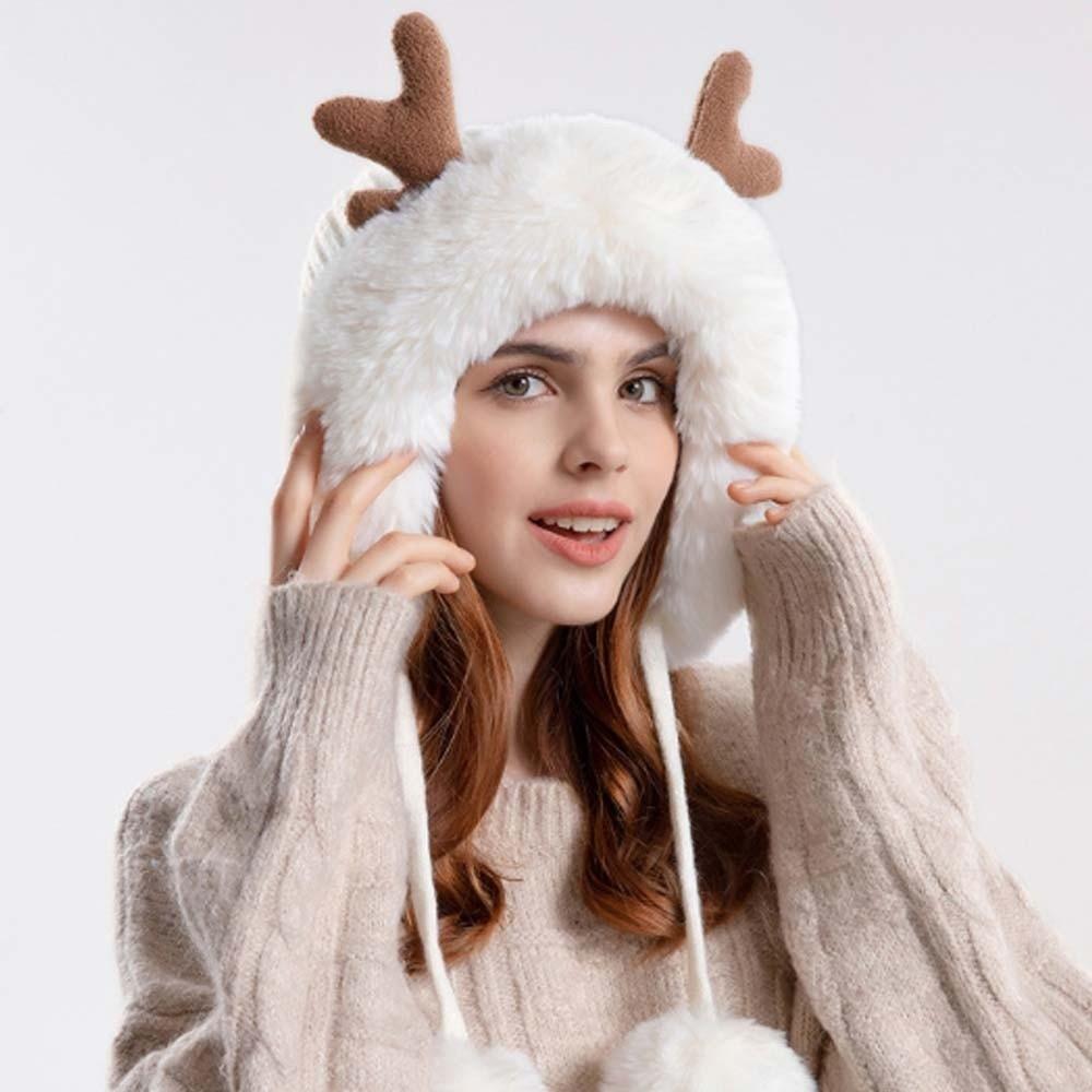 Thermal Deer Antler Beanie Thickened Warm Earflap Hat Winter Knit Bonnet Ear Protection Cap Women