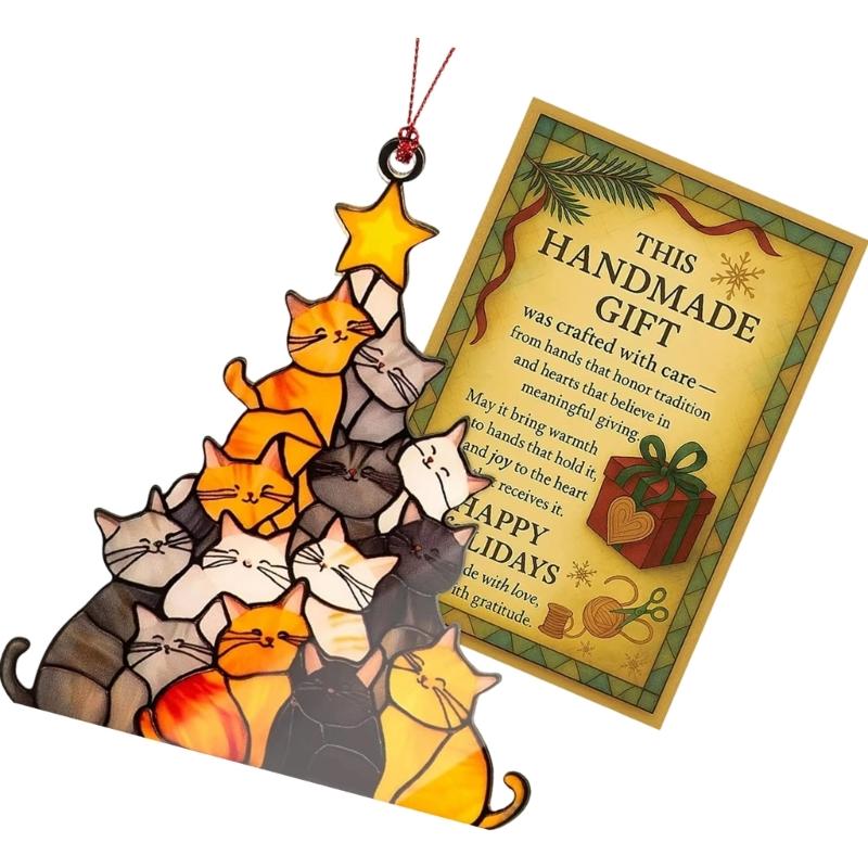 Cats Christmas Tree Suncatchers Glass Window Panel Stained Glass Window Hanging