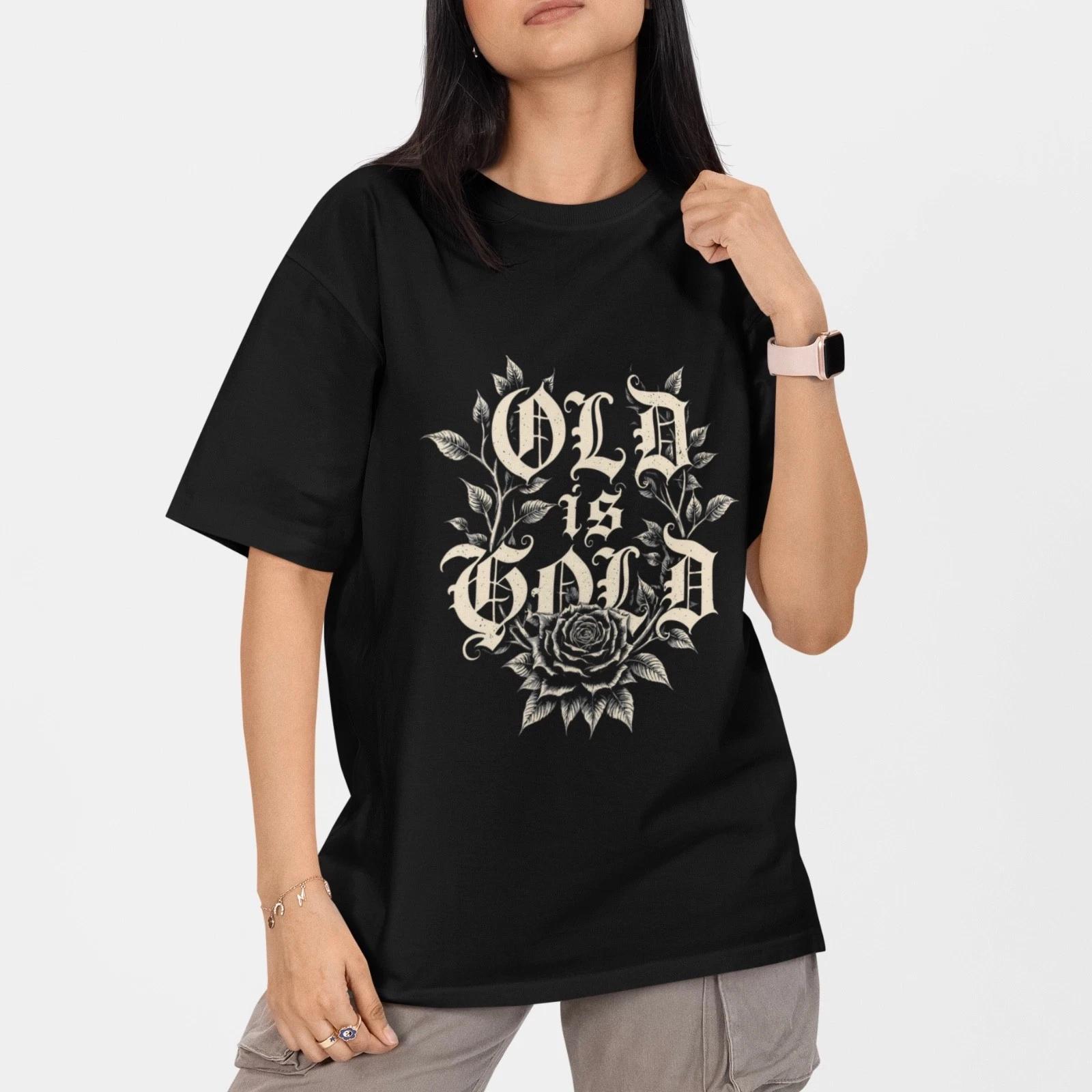 Old Is Gold Gothic Letter T Shirt Old English Style Rose Graphic Unisex Tee L