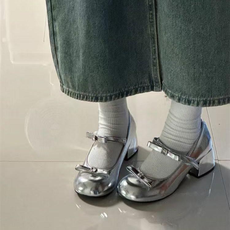

French retro high-heeled Mary Jane shoes new spring bow light mouth single shoes British style small leather shoes 40【foot length 25.0cm】 срібний
