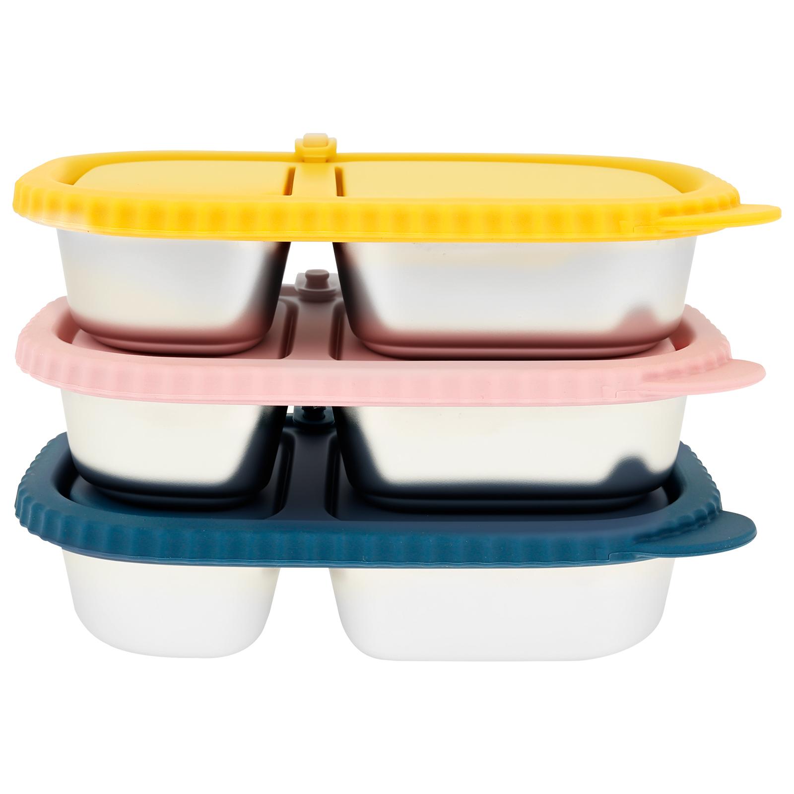 3Pcs Stainless Steel Lunch Box 2 Compartment Sauce Snack Container with Silicone Lid Portable Picnic Fruit Salad Bento