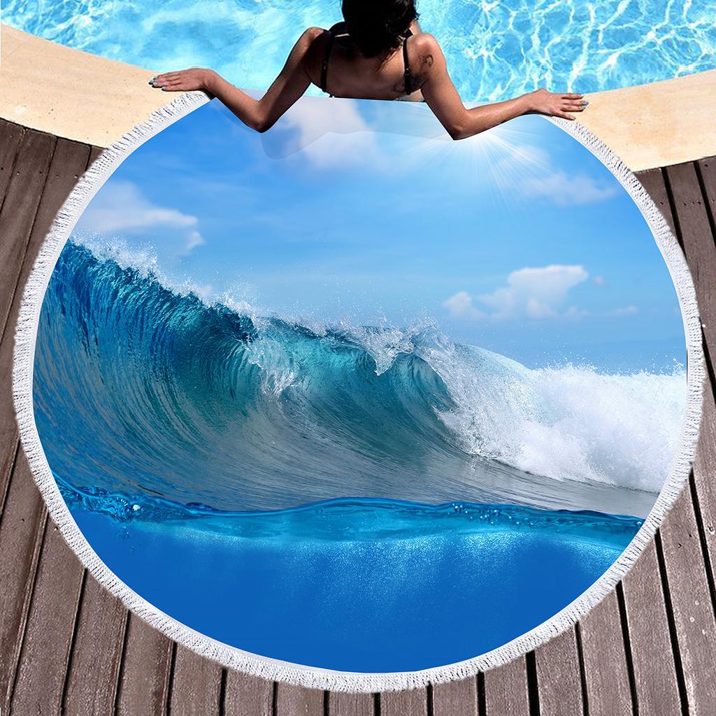 Blue Sea Wave Round Beach Towel with Tassels, Microfiber Beach Blanket Absorbent Quick Dry Soft Pool Towel Portable Picnic Ma