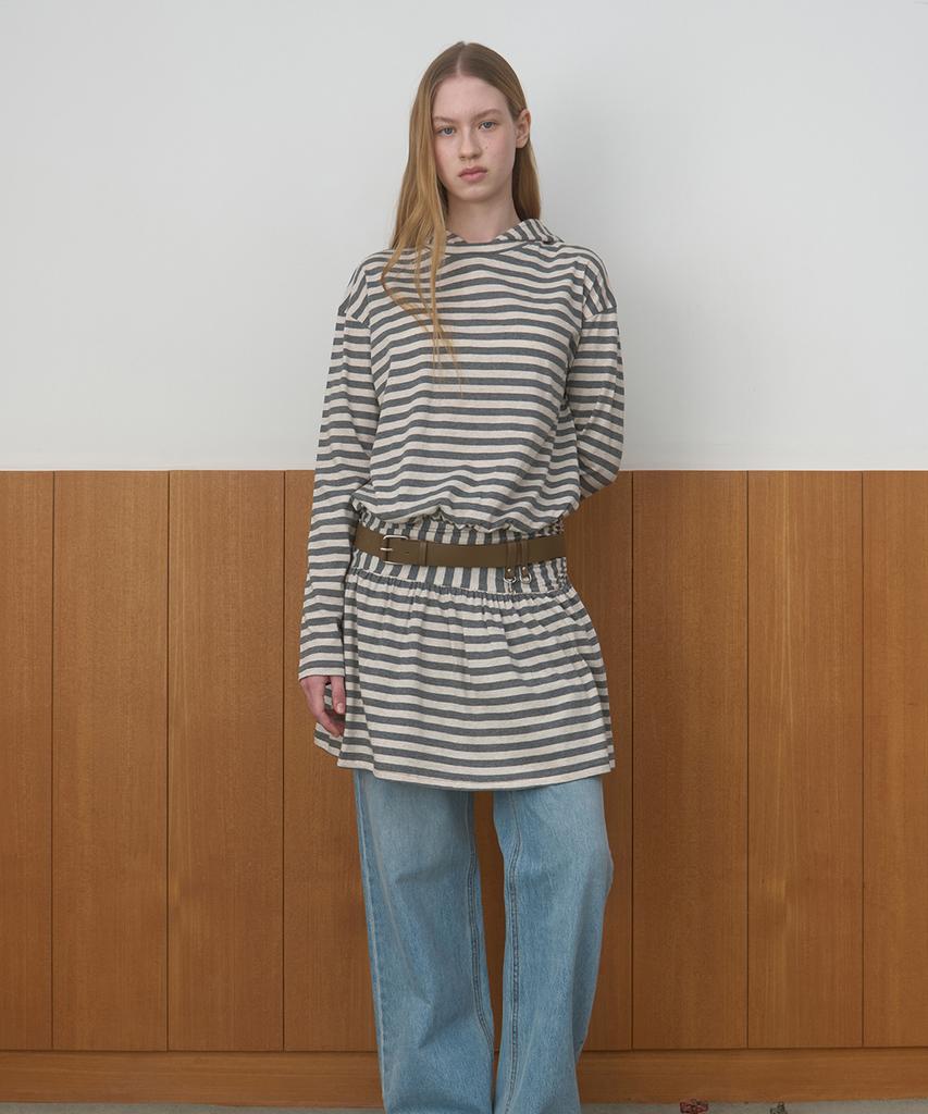 Majone Stripe Shirring Hoodie Dress_Ivory/Grey