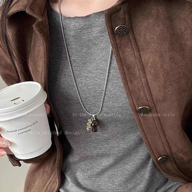 Spotted Tiger's Eye Stone Mushroom Pendant Necklace Delicate Long Clavicle Chain Sweater Chain