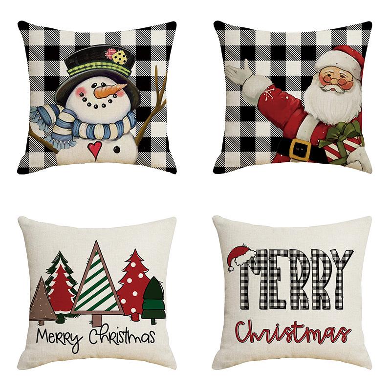 New Linen Christmas Pillowcase with Santa Claus and Reindeer Design