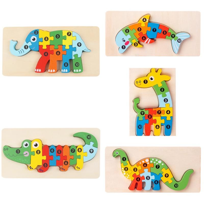 Holz 3D Tier Puzzle Spielzeug für Kleinkinder Elefant, Krokodil, Delfin, T-Rex, Giraffe
