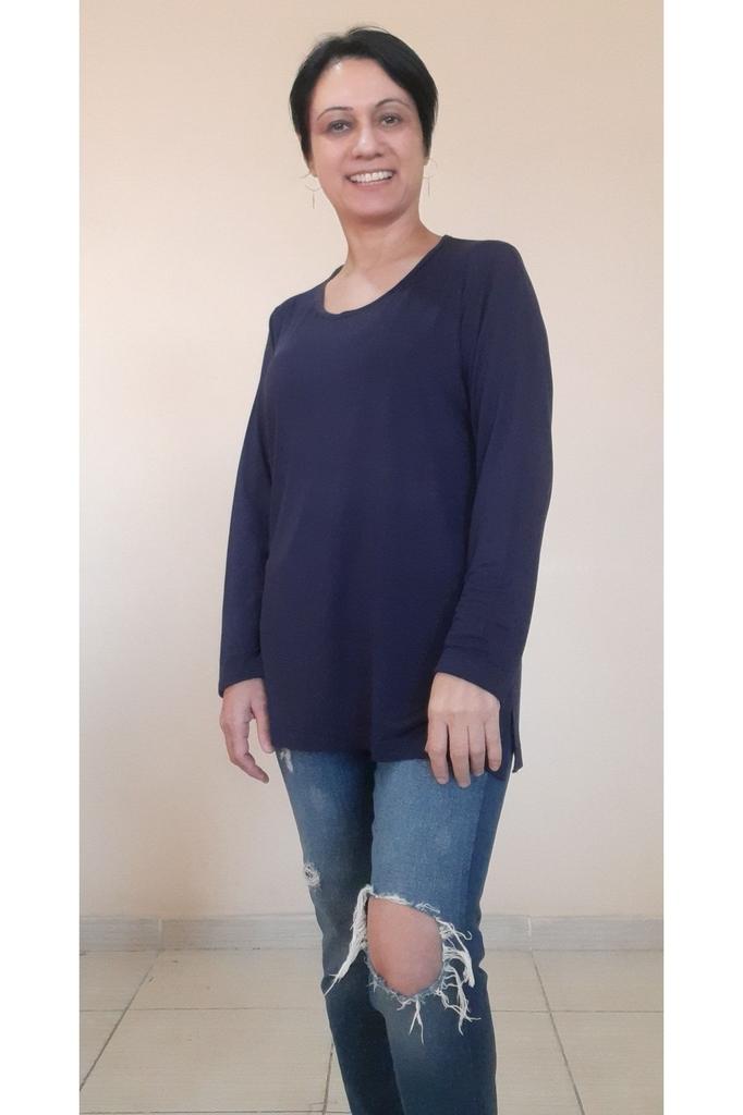 Tricou Stil Femei Mărime Mare Albastru Marin Gât Rotund Mânecă Lungă Bumbac Pieptănat Viscoză Tricou