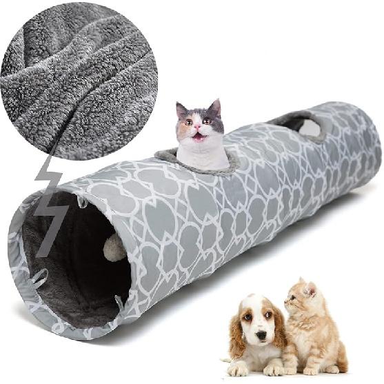 LUCKITTY Geometric Straight Cat Tunnel with Plush Inside,Cats Toys Collapsible Tunnel Tube with Balls, for Rabbits, Kittens, Ferrets,Puppy, Diameter