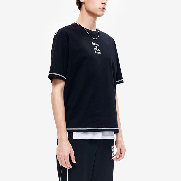 FILA X HAGT Collaboration Loose Casual Sports Printed Embroidered Letter Short Sleeve Drop Shoulder T-Shirt Unisex Tops Black F11U229105F-BK