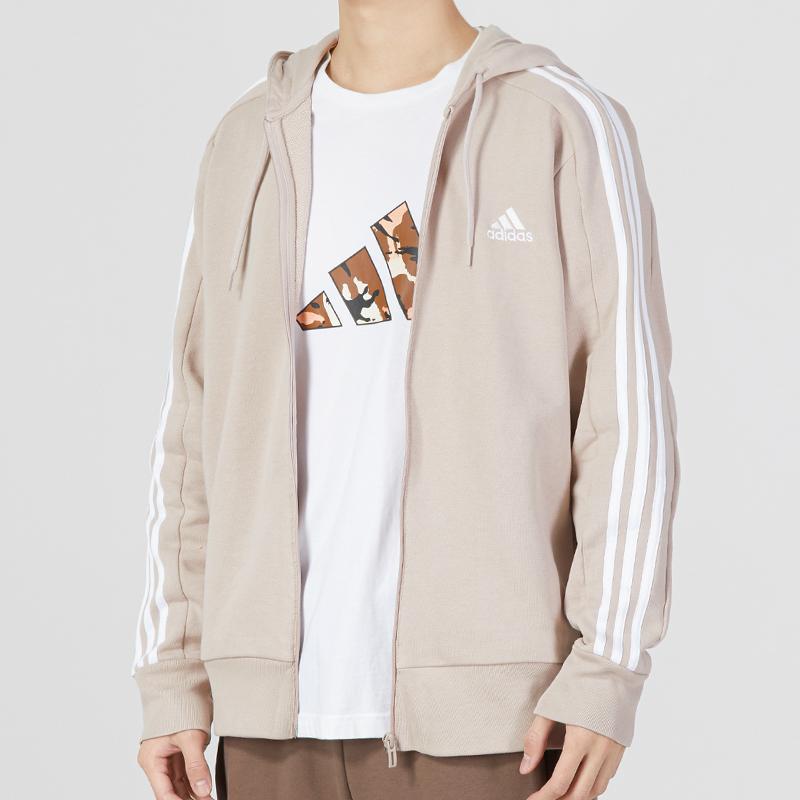 Adidas Essentials French Terry 3-Streifen Full-Zip Hoodie Wonder Taupe/Weiß Herren Streetwear IC9839
