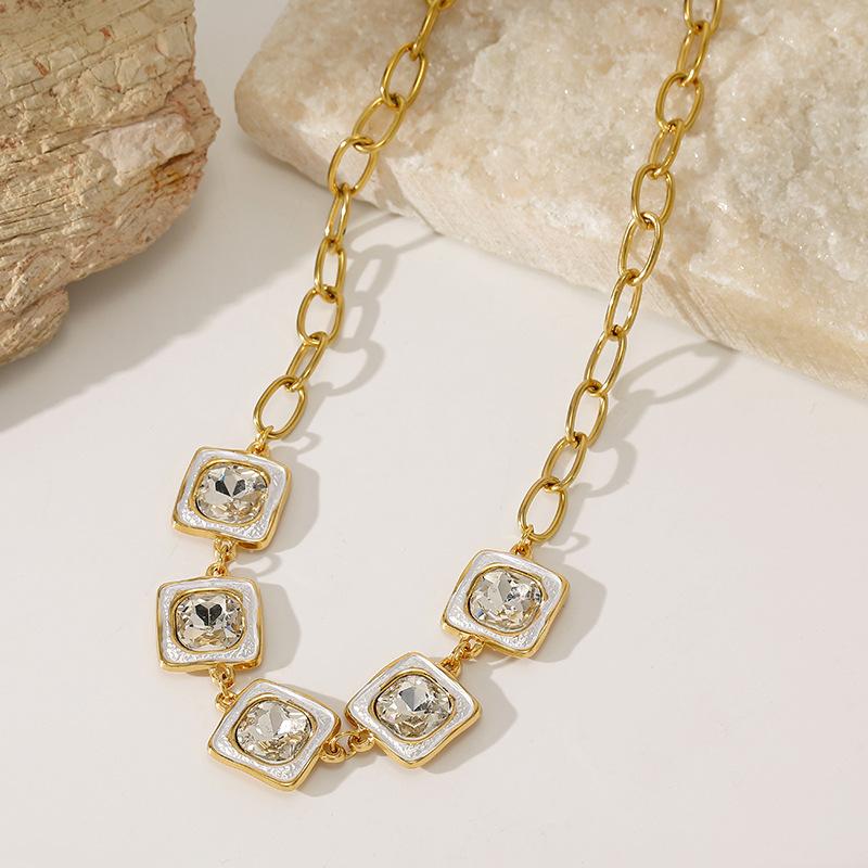European and American retro white enamel square zircon necklace stainless steel back-shaped thick chain women's collarbone chain heavy industry model