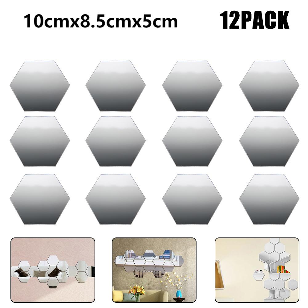 12/48pcs Hexagon Acrylic Mirror Wall Sticker Diamond Shaped Acrylic Tile Stickers Peel and Stick 3D Tile Wall Decals DIY Decor