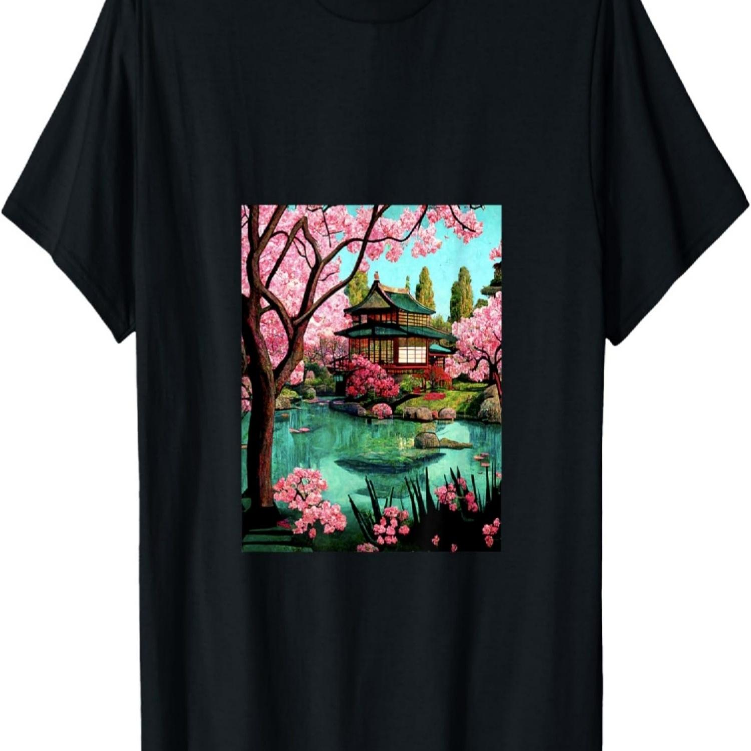 garden with pond house cherry blossom trees T-Shirt S