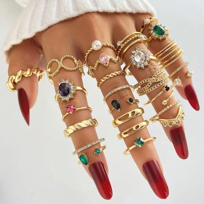Ensemble de bagues en diamants et perles de luxe, 26 pièces, Combo de pierres précieuses vertes, bagues à extrémité ouverte pour filles, accessoires de dîner