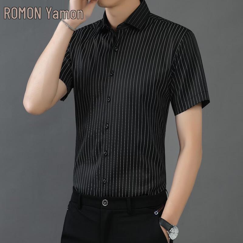 ROMON Men's Elastic Ice Silk Luxury Stripe Business Casual Short Sleeve Shirt