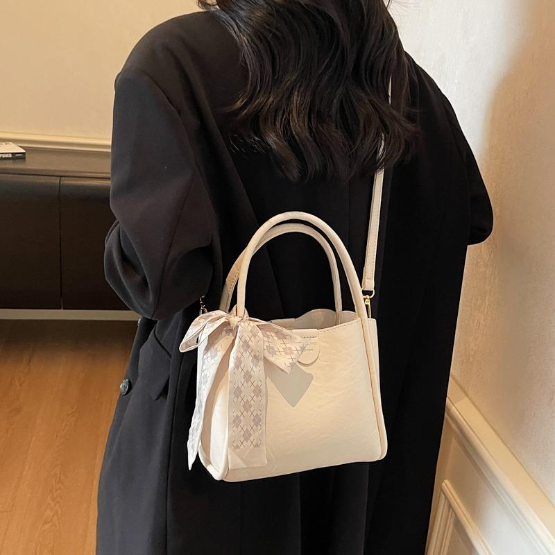 Fashion Vintage Bucket Bag Women PU Leather Top Handle Bag with Checkered Scarf Bow Large Capacity Shoulder Bag for Daily Commute and Outings