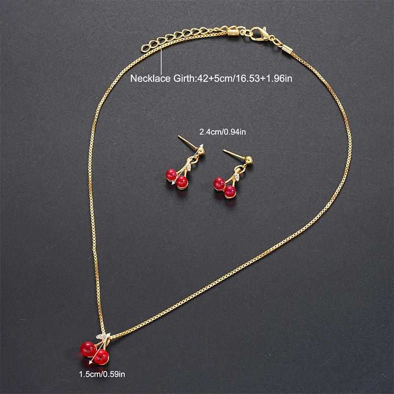 Red Cherry Pendant Necklace Stud Earrings Set Women'S  Fruit Necklace Earrings Jewery Set For Party Wedding Girls Gifts