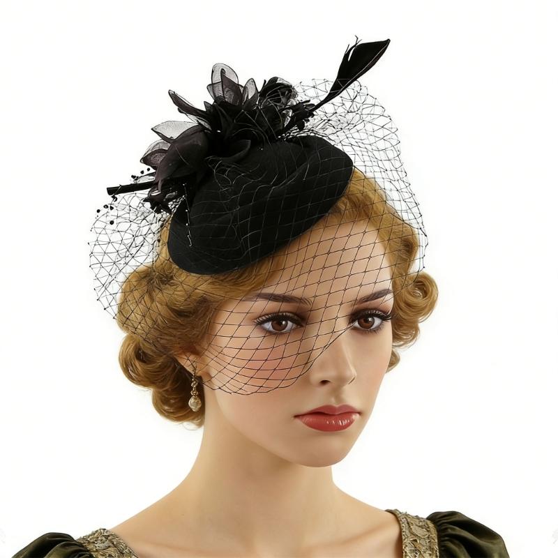 Elegant Feathered Flower Fascinator Hat for Women Cocktail Party Wool Fedoras Hat For Masquerade Parties Dressingup