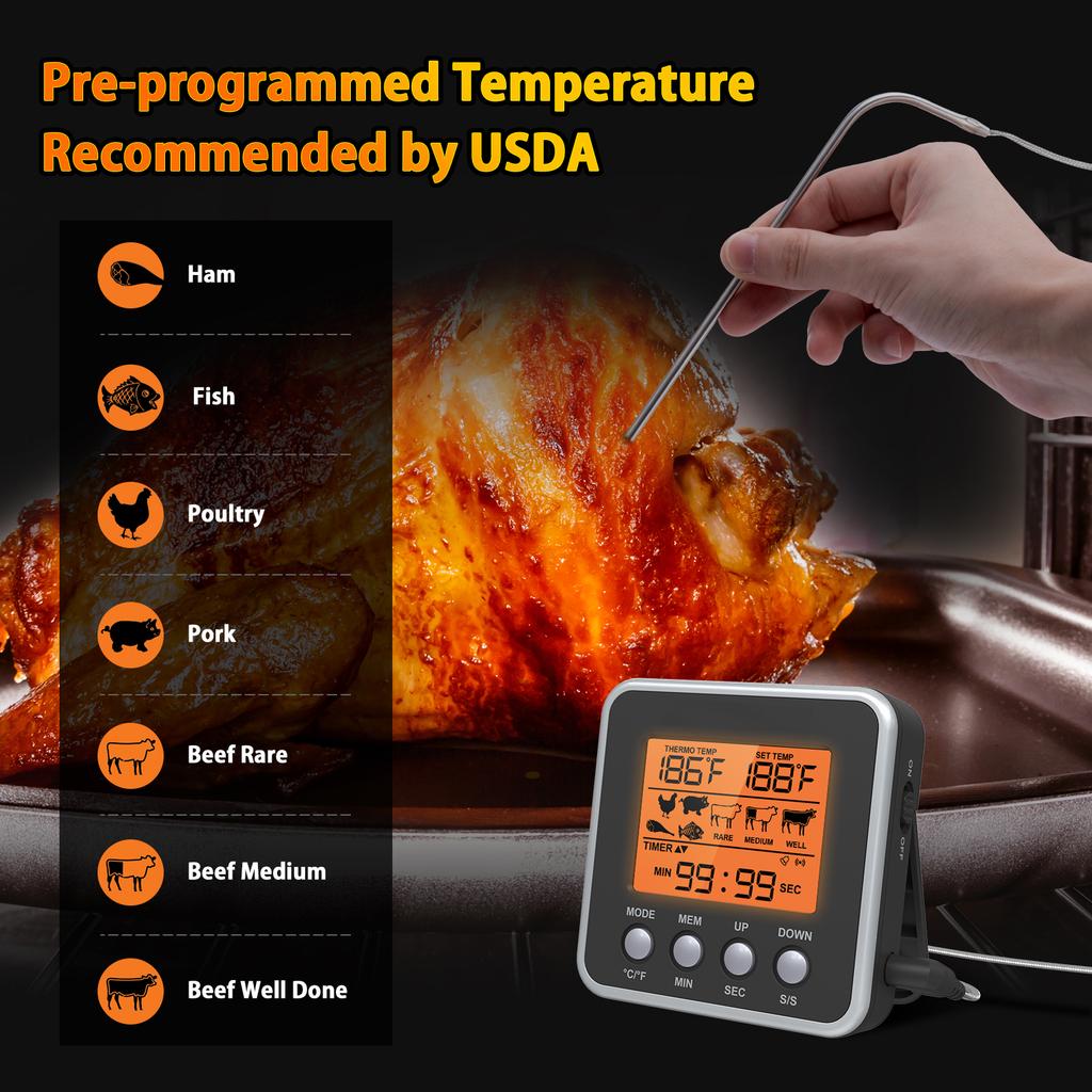 Digitales Fleischthermometer Smoker Süßigkeiten Lebensmittel BBQ Kochthermometer zum Grillen Ofen Frittieren mit Smart Kitchen Timer Modus