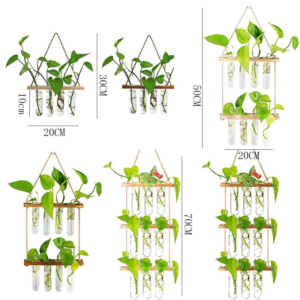 Retro Wood Frame Vase Wall Hanging Transparent Glass Vase Glass Planter Plant Vase  Office