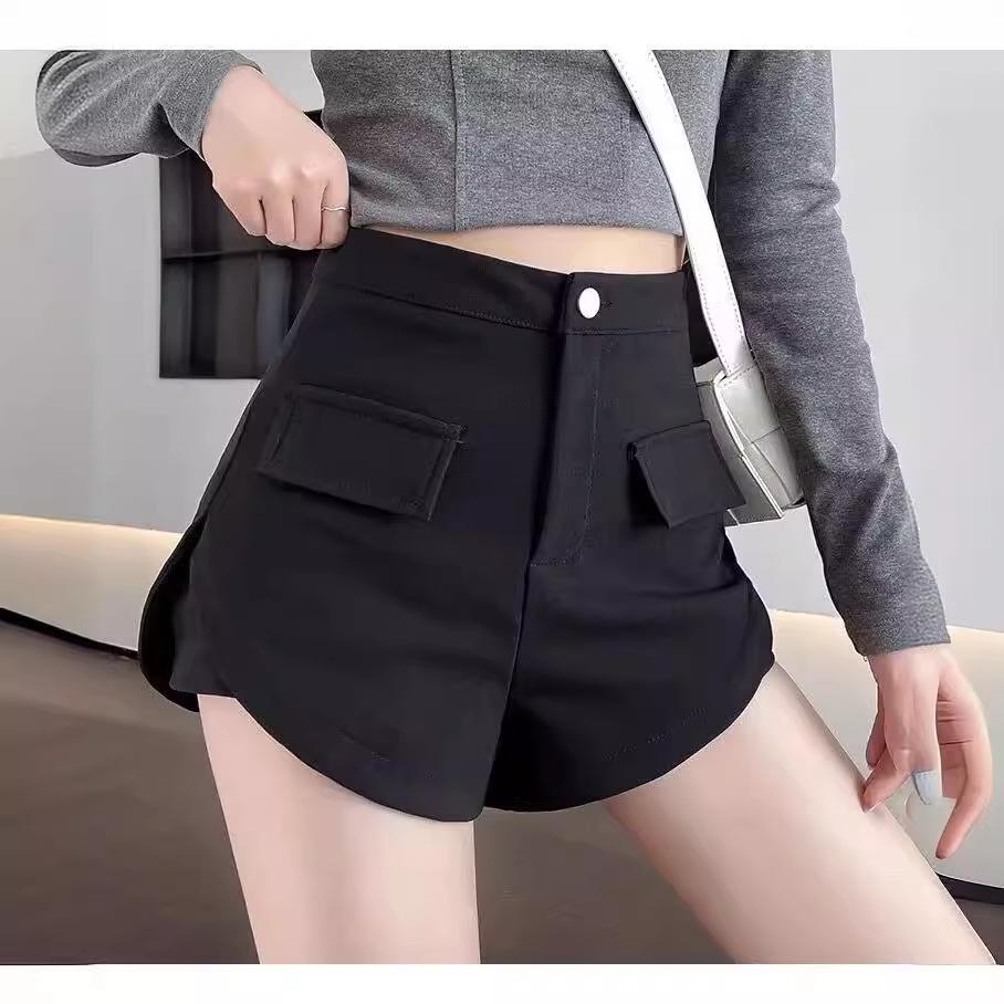 Black High Waist Elastic Women’s Shorts - Slim Fit, Wide-Leg, Casual Large Size Bootcut