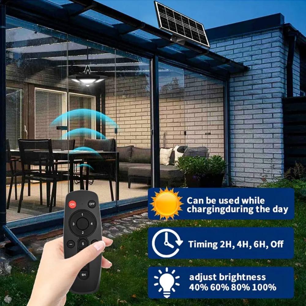 Lampe solaire suspendue pour abri de jardin, intérieur/extérieur, 180 LED, 1000 lm, avec télécommande, idéale pour grange, tonnelle ou garage.