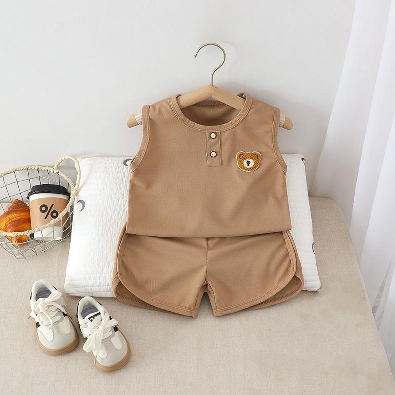 2Pcs/Set Boys Girls Sleevesless Clothes Suit Kids Bear Patch Thin Summer Outfits Solid Color Vest Top Shorts Children Set
