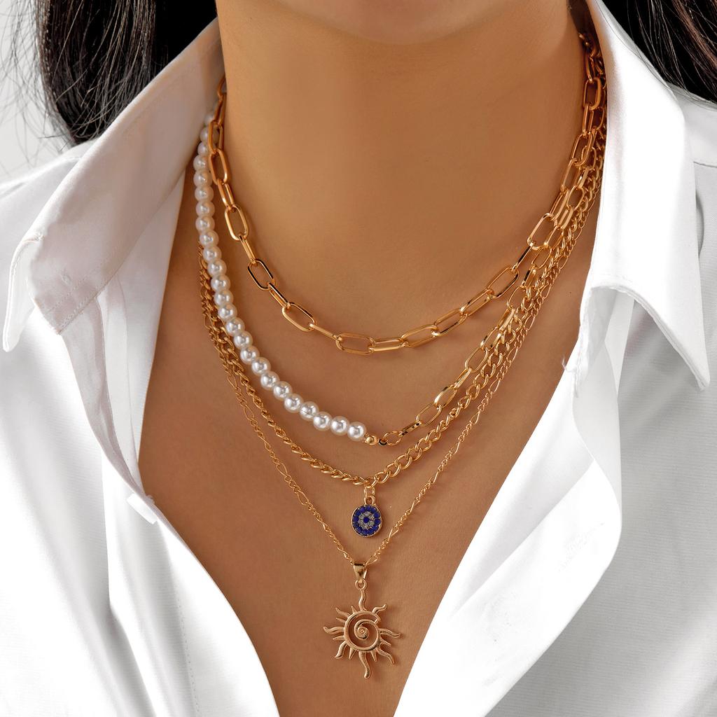 Kadınlar İçin Klasik Kolye Ucu Mikro Zirkon Türk Şanslı Nazar Avuç İçi Haç İnci Çok Katmanlı Metal Zincir Choker Takı